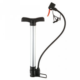 Насос велосипедный, ручной 33х12,5х3,3см, Т-образная ручка с фиксатором шланга, складная металлическая подножка, двойная насадка под авто- и велониппели, три адаптера, длина шланга 39см, алюминий/пластик, в пакете на картоне (Китай)