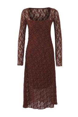 Kahverengi Dantel Bodycon Midi S?rt Dekolteli Astarl? Esnek Orme Elbise TWOAW26EL00016