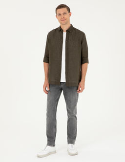 Koyu Haki Regular Fit %100 Keten G_mlek