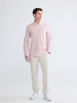 Regular Fit ?izgili Keten G?r?n?ml? Erkek G?mlek