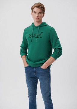 Mavi Logo Bask?l? Kapusonlu Yesil Sweatshirt