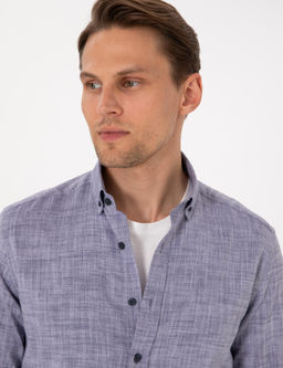 Lacivert Keten G_r_n_ml_ Slim Fit Uzun Kollu G_mlek
