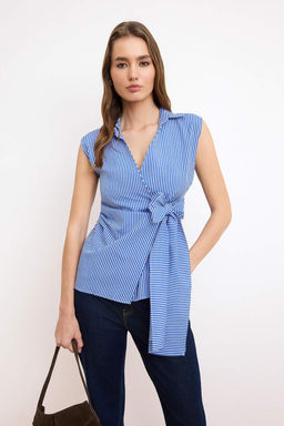 Mavi Cizgili Kruvaze Baglama Detayl? Dokuma Bluz TWOSS25BZ00581