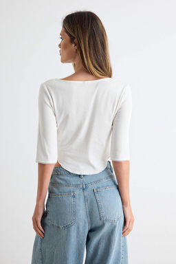 Ekru %100 Pamuk Truvakar Kol Bisiklet Yaka Crop Kol Ucu Detayl_ _rme T-Shirt TWOAW27TS00042 - Trendyolmilla фото 4