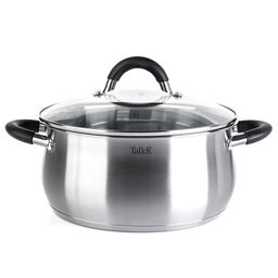 Кастрюля из нержавеющей стали Шелборн 5,2л, д24см, h11,5см, s0,6мм, дно s2,8мм, стеклянная жаропрочная крышка, стальной обод, пароотвод, силиконовые вставки черного цвета, капсулированное дно, полировка внешняя - матовая, внутренняя - зеркальная, м