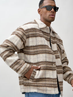 Куртка рубашка шерстяная в клетку мужская демисезонная коричневого цвета 58565K