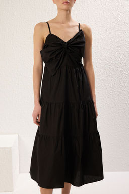 Siyah Etegi Belden Ac?lan Fiyonklu Poplin Midi Dokuma Elbise TWOSS25EL00052 - Trendyolmilla фото 3