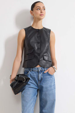 Siyah Suni Deri Fitted Dokuma Yelek TWOSS26YE00012