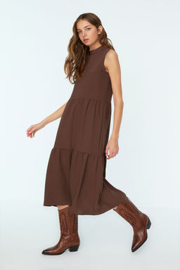 Kahverengi Shift/Duz Kesim Dik Yaka Midi Dokuma Elbise TWOSS20EL1864