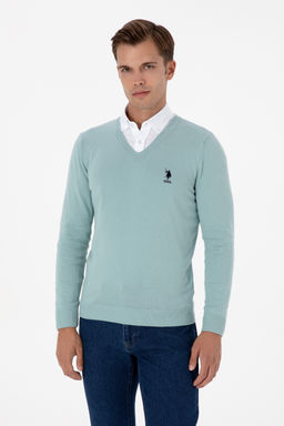 Erkek Slim Fit V Yaka Mint Basic Kazak