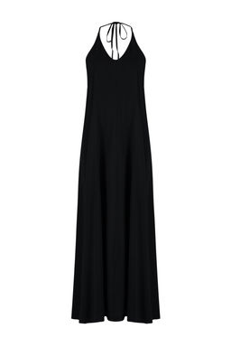 Plaj Giyim Siyah Dokuma S?rt Dekolteli Maxi Elbise TBESS24EL00022