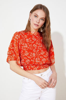Cok Renkli Crop S?rt Detayl? Dik Yaka Sifon Dokuma Bluz TWOSS21BZ0496 - Trendyolmilla фото 2