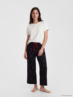 Beli Lastikli Desenli Kad?n Kapri Pijama Alt?