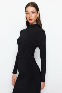 TRENDYOLMILLA Mavi Duz Drape Detayl? Dik Yaka A-Line Esnek Midi Orme Orme Elbise TWOAW24EL00133 фото 4