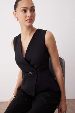 Siyah Fitted Kemerli Anvelop Kapamal? Yelek TWOAW26YE00029