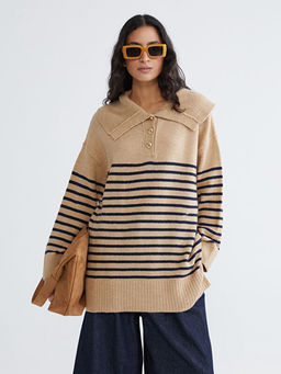 Polo Yaka ?izgili Kad?n Triko Kazak