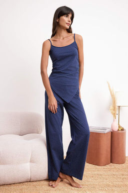 Lacivert Puantiyeli Buzgulu On Detayl? Pamuklu Yumusak Tuse Orme Pijama Tak?m? THMSS26PT00117