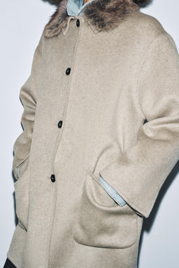 WOOL COAT WITH FAUX FUR COLLAR ZW COLLECTION