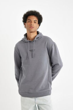 Gri Relax Fit Kapusonlu Bask?l? Sweatshirt