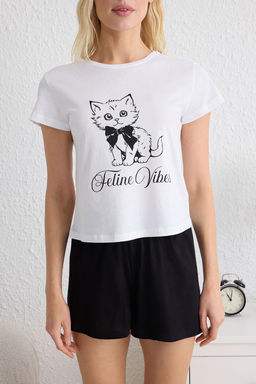 Trendyolmilla Beyaz Kedi ve Kurdele/Fiyonk Bask?l? Sortlu Orme Pijama Tak?m? THMSS25PT00203  фото 3