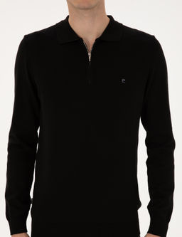 Siyah Slim Fit Polo Yaka Fermuarl_ Basic Triko Kazak - Pierre cardin фото 6