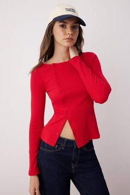 K?rm?z? Dugmeli Bisiklet Yaka Vucuda Oturan Fitilli Esnek Orme Bluz TWOAW26BZ00104