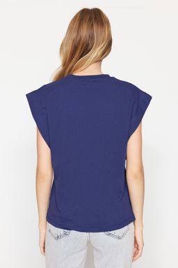 TRENDYOLMILLA Lacivert %100 Pamuk Dugme Detayl? Vatka Gorunumlu Basic Bisiklet Yaka Orme T-Shirt TWOSS23TS00016  фото 5