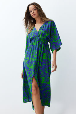 Mavi Cicek Desenli A Kesim Kruvaze Yaka Midi Dokuma Elbise TWOSS24EL00913