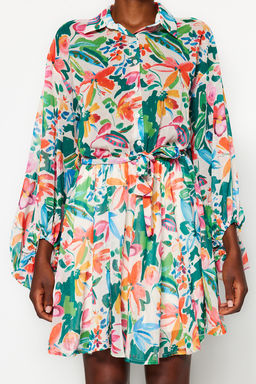 Cok Renkli Cicek Desenli Belden Ac?lan Mini Astarl? Sifon Ucus Ucus Dokuma Elbise TWOAW24EL00841