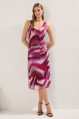 Pembe Soyut Desenli Tul Bodycone/Vucuda Oturan Midi Orme Elbise TWOSS25EL00534