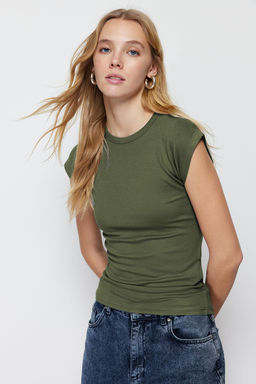 Haki Viskoz/Yumusak Kumas Fitted/Vucuda Oturan Ay Kol Esnek Orme Bluz TWOSS23BZ00992