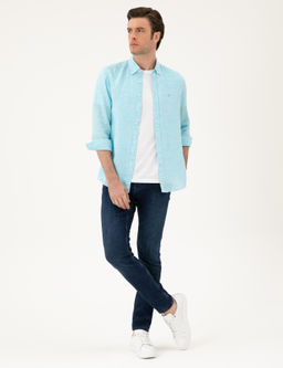 Turkuaz Regular Fit %100 Keten G_mlek