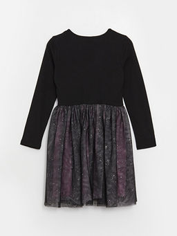 Bisiklet Yaka Bask?l? Uzun Kollu K?z ?ocuk Elbise