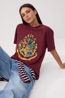 Bordo Harry Potter Lisansl? Oversize/Genis Kal?p Tok %100 Pamuk Orme T-Shirt TWOSS26TS00141