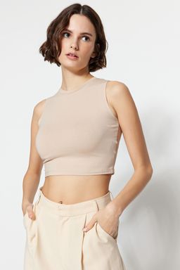 Kahverengi-Bej 2li Paket Kolsuz Crop Pamuklu Esnek Orme Atlet TWOSS23AL00010