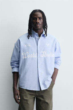 CAMISA BOXY FIT OXFORD TEXTO ESTAMPADO / Azul claro - Zara фото 2