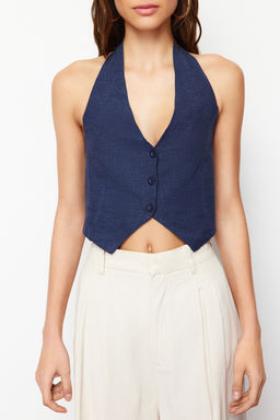 Indigo Boyundan Baglamal? Arkas? Buzgulu Pamuk Keten Crop Dokuma Bluz TWOSS24BZ00238 - Trendyolmilla фото 3