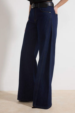 Koyu Mavi DOKUMLU Kemerli %100 Pamuk Yuksek Bel Wide Leg Jeans TWOSS26JE00076 - Trendyolmilla фото 5
