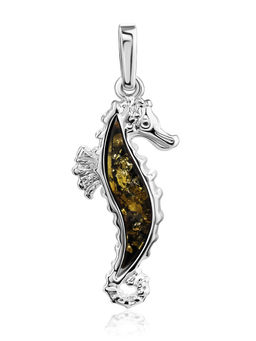 Нежный изящный кулон из янтаря зелёного цвета Морской конёк