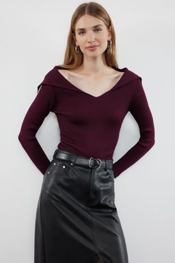 Bordo Carmen Yaka Triko Kazak TWOAW22KZ0993