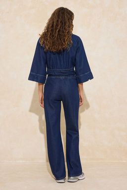 Koyu Mavi Beli Lastikli Yuksek Bel Tencel Kar?s?ml? Wide Leg Jeans TWOSS26JE00040 - Trendyolmilla фото 4