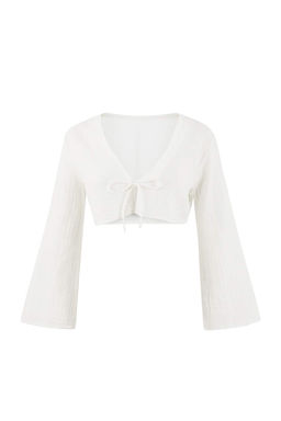 Ekru Dokuma Baglama Detayl? Crop Muslin 100% Pamuk Plaj Gomlek TBESS26GO00001 - Trendyolmilla фото 5