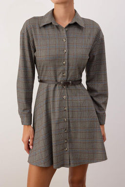 Kahverengi Kemerli Ekose / Kareli Kemerli K?sa / Mini Dokuma Elbise TWOAW26EL00185 - Trendyolmilla фото 3