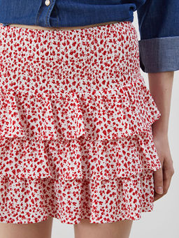 Beli Lastikli ?i?ekli Kat Kat Pileli Mini Etek