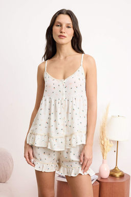 Ekru Cicekli Volanl? Serit Detayl? Viskon Dokuma Pijama Tak?m? THMSS26PT00131