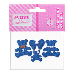 Декоративные украшения "Медвежата" тканевые, медведь 33x38 мм, два медведя 52x60 мм, бантик 37x47 мм, синие, в пластиковом пакете с блистерным подвесом