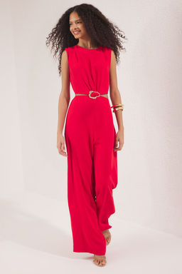 K?rm?z? Cut Out/Pencere ve Toka Detayl? Genis Paca Dokuma Krep Tulum TWOSS25TU00065