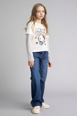 %100 Pamuk Hello Kitty Bisiklet Yaka Uzun Kollu Ti__rt K_z _ocuk - Defacto фото 4