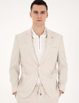 Bej Slim Fit Keten Kar___ml_ _izgili Tak_m Elbise