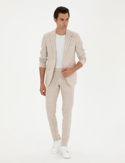 Bej Slim Fit _izgili Y_n Kar___ml_ Keten Tak_m Elbise